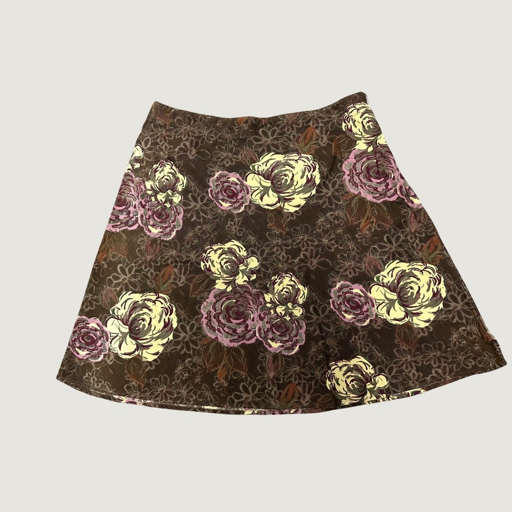 St John's Bay Petite 14P Beaver Brown Skirt Purple and Yellow Flowers